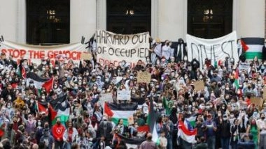 World News | US: Protesters Drape Huge Palestinian Flag at Venue of White House Correspondents' Dinner Amid Growing Gaza Outrage