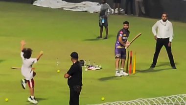 KKR Co-Owner Shah Rukh Khan's Son AbRam Bowls to Rinku Singh During Practice At Eden Gardens Ahead of IPL 2024 Match Against DC (Watch Video)