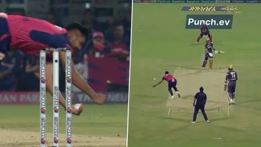 Avesh Khan Catch Video: Watch Rajasthan Royals Quick Take Stunning One-Handed Catch to Dismiss Phil Salt During KKR vs RR IPL 2024