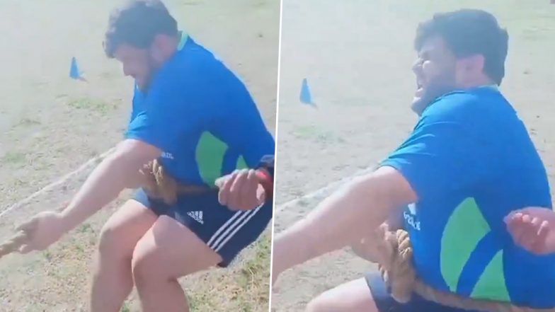 'King of Strength' Azam Khan Displays Raw Power As Pakistan Cricketers Engage in Tug-of-War Contest During Training at Army Camp (Watch Video)