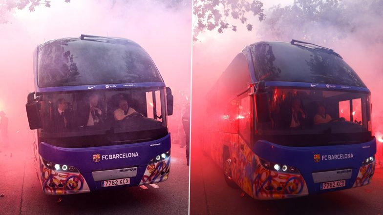 Barcelona Fans Mistakenly Throw Objects at Their Own Team’s Bus Thinking It Was a PSG Bus Ahead of UCL 2023–24 Clash (Watch Video)