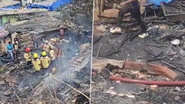 Navi Mumbai Fire: Massive Blaze Erupts in Slum Area in Belapur After Gas Cylinder Explodes While Cooking (Watch Video)