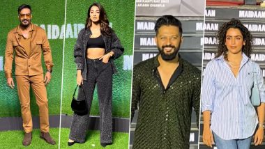 Ajay Devgn Graces Maidaan Special Screening in Style; Pooja Hegde, Vatsal Sheth, Sanya Malhotra and Others Attend the Star-Studded Event (Watch Videos)