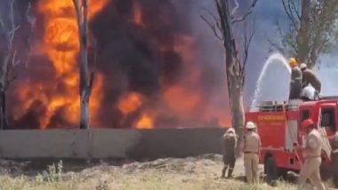 Delhi Fire Video: Massive Blaze Erupts in Pipe Warehouse on Delhi-Agra Highway, Viral Clip Shows Black Smoke Covering Skies