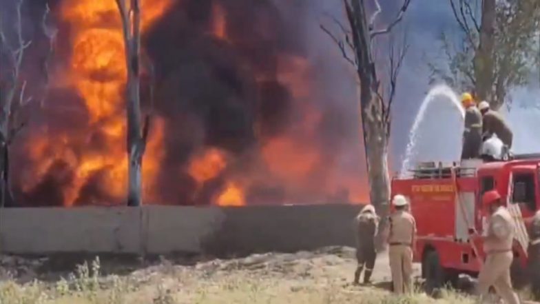 Delhi Fire Video: Massive Blaze Erupts in Pipe Warehouse on Delhi-Agra Highway, Viral Clip Shows Black Smoke Covering Skies