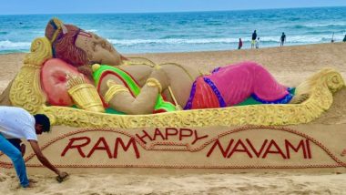 Ram Navami 2024 Sand Art: Sudarsan Pattnaik's Sand Art Marks the Occasion With a Stunning, Colourful Sculpture Celebrating the Birth of Lord Ram