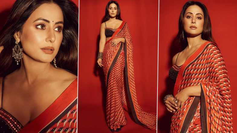 Hina Khan Rocks the Fashion Scene in a Stunning Fiery Red Saree, Featuring Chic Black and White Patterns! (View Pics)