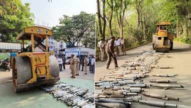 Hyderabad: Police Destroy 1,000 Modified Silencers of Bikes by Crushing Them Under Road Roller (Watch Video)