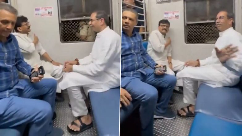 Shiv Sena UBT Chief Uddhav Thackeray Travels in Local Train During Visit to Palghar (Watch Video)