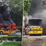 Delhi School Bus Fire: Blaze Erupts in Vehicle While Parked Within School Premises in Dwarka (Watch Video)