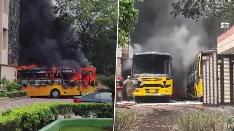 Delhi School Bus Fire: Blaze Erupts in Vehicle While Parked Within School Premises in Dwarka (Watch Video)