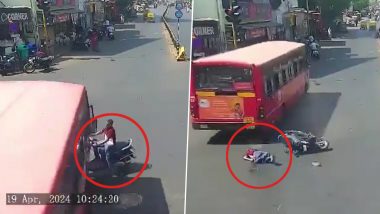 Horrifying Road Accident Caught on Camera in Ahmedabad: Man Crushed to Death After Speeding AMTS Bus Hits His Scooty, Disturbing Video Surfaces