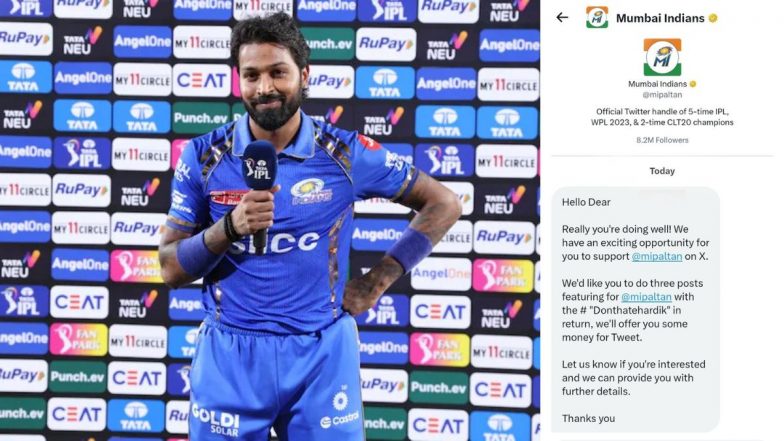 Is Mumbai Indians Offering Money to Fans to Support #DontHateHardik Campaign? Fake Screenshot of IPL Franchise's Message on 'X' Goes Viral