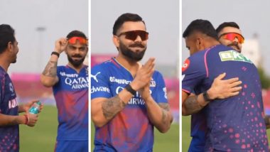 Virat Kohli Sings 'Aisa Mauka Phir Kahan Milega' Hugging Avesh Khan as Yuzvendra Chahal Looks On, Watch RCB Star Cricketer in Jovial Mood Ahead of IPL 2024 Match Against RR (Watch Video)
