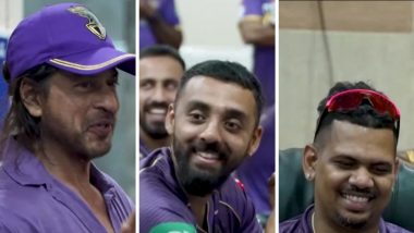 Shah Rukh Khan Interacts With KKR Cricketers in Dressing Room After Their 106-Run Victory Over Delhi Capitals in IPL 2024 (Watch Video)