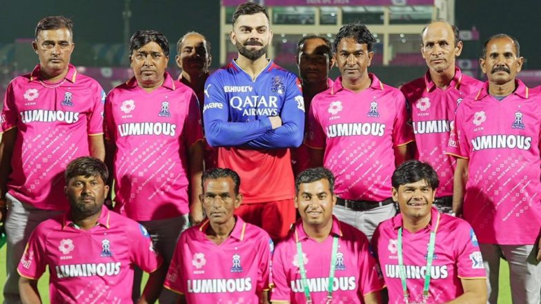 Virat Kohli Shows Heartfelt Gesture, Poses With the Sawai Mansingh Stadium Groundstaff After RR vs RCB IPL 2024 Match (See Pic)