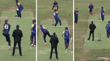 Bizarre! Shahid Afridi Breaks His Bat, Loses Wicket Off the Same Ball in Team Europe vs British and Irish Knights Weston Shield T10 Match (Watch Video)