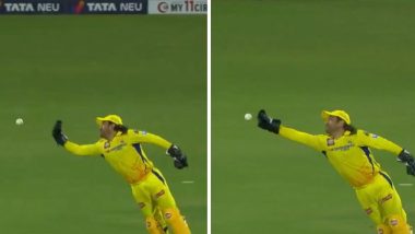 MS Dhoni Drop Catch Video: Watch Star Wicketkeeper Miss Andre Russell’s Dismissal Chance During CSK vs KKR IPL 2024 Match