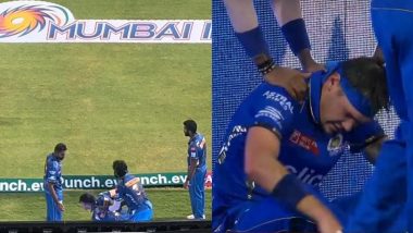 Gerald Coetzee Hits His Head On Advertisement Board Outside Boundary Line During Fielding in MI vs RCB IPL 2024, Suffers Injury (See Pic)