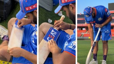 Rohit Sharma Pastes Stickers on His Bat and Make It Ready for Practice Ahead of PBKS vs MI IPL 2024 Clash (Watch Video)