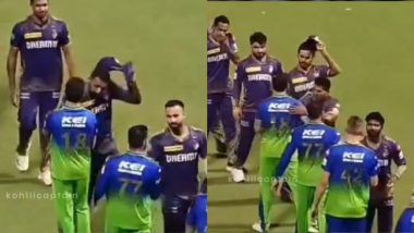 Varun Chakaravarthy and Nitish Rana Take Their Cap Off As A Gesture Of Respect Before Shaking Hands With Virat Kohli Following KKR vs RCB IPL 2024 (Watch Video)