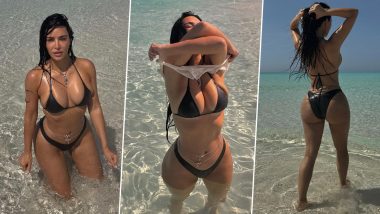 Hottie Kim Kardashian Poses by Beach in Black String Bikini During Her Vacay (See Pics)