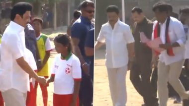 MK Stalin Plays Football Video: Tamil Nadu CM and DMK President Shows His Football Skills While Campaigning for Lok Sabha Polls in Chennai, Viral Clip Surfaces