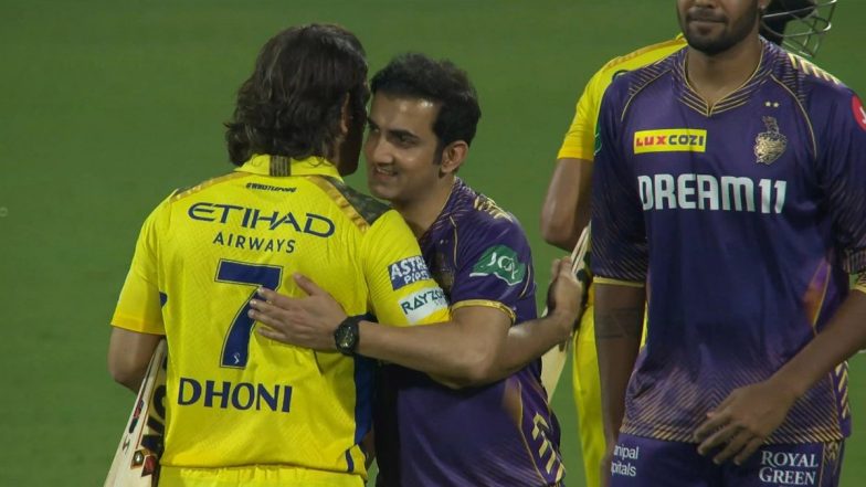 MS Dhoni Hugs Gautam Gambhir After CSK vs KKR IPL 2024 Match, Video Goes Viral!