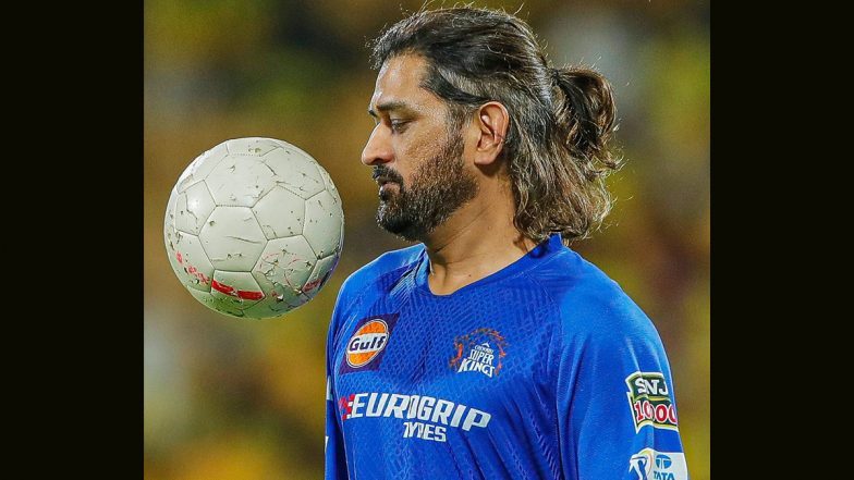 MS Dhoni Sports New Ponytail Look, Plays Football Ahead of CSK vs SRH ...