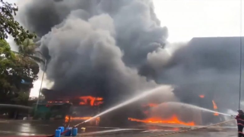 Navi Mumbai Fire Video: Massive Blaze Erupts at Navabharat Industrial Chemical Company in MIDC, Viral Clip Shows Black Smoke Covering Skies