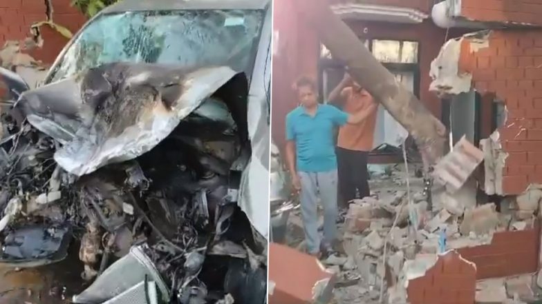 Uttar Pradesh Road Accident: Three Injured After Speeding Car Rams Into Boundary Wall of House in Noida Sector 55 (Watch Video)