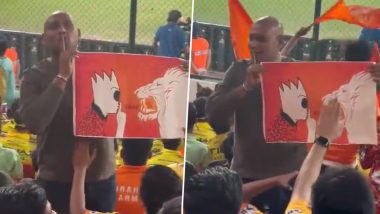 Fan With Unique Poster Replicates 'Silence' Gesture of Pat Cummins at the Rajiv Gandhi International Stadium in Hyderabad During SRH vs CSK IPL 2024 (Watch Video)