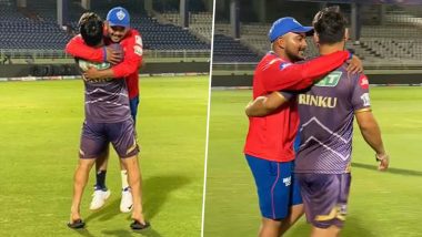 Rinku Singh and Prithvi Shaw Share a Heartwarming Moment During Training Session Ahead of DC vs KKR IPL 2024 Clash (Watch Video)