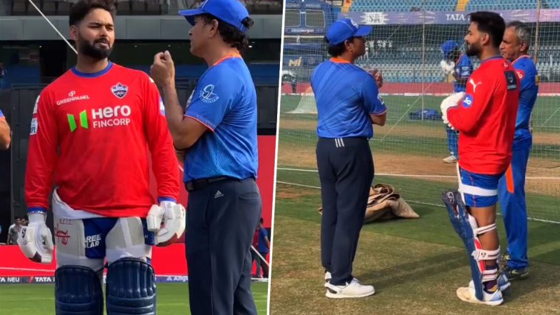 Rishabh Pant Meets Sachin Tendulkar, Receives Tips From Master Blaster Ahead of MI vs DC IPL 2024 (Watch Video)