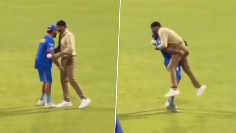 Rohit Sharma Meets Harbhajan Singh, Hilariously Tries to Lift Former Mumbai Indians Teammate Ahead of MI vs RR IPL 2024 (Watch Video)