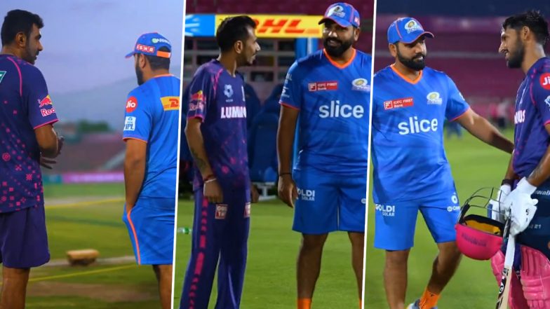 Rohit Sharma Meets Ravi Ashwin, Jos Buttler and Other Rajasthan Royals Cricketers Ahead of RR vs MI IPL 2024 (Watch Video)