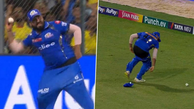 Rohit Sharma’s Pants Come Off As He Dives To Take Ruturaj Gaikwad’s Catch During MI vs CSK IPL 2024 Match, Video Goes Viral