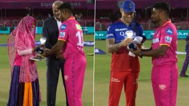 Sanju Samson Presents Solar Lamp to Faf du Plessis Ahead of RR vs RCB ‘Pink Promise’ Match in IPL 2024 (Watch Video)