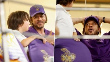 KKR Co-Owner Shah Rukh Khan, His Son AbRam Spotted At the Stands of Eden Gardens During KKR vs DC IPL 2024 Match (Watch Video)