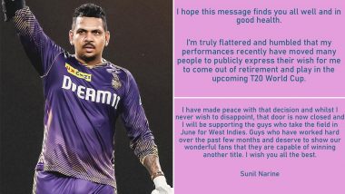 Sunil Narine Says He Won't Come Out of Retirement For T20 World Cup After Good Show in IPL 2024, Writes 'That Door Is Now Closed' (See Post)