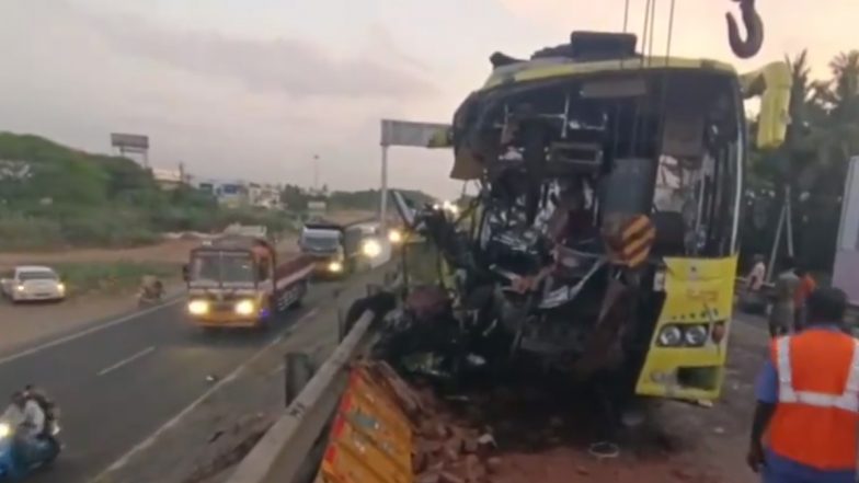 Tamil Nadu Road Accident: Two Dead, Over 10 Injured After Bus Collides With Lorry on Trichy-Chennai National Highway (Watch Video)