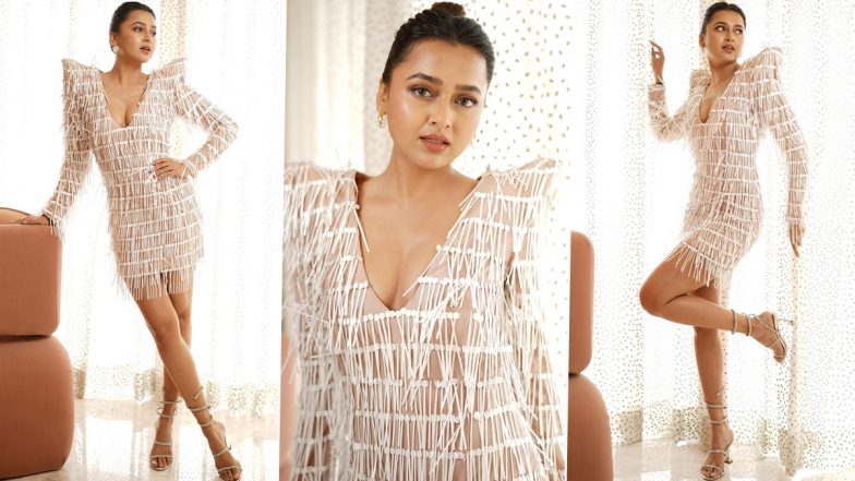 Tejasswi Prakash Rocks a Chic Beige Dress With a Splash of White Fringe Fun, Makes a Fashionable Style Statement (View Pics)