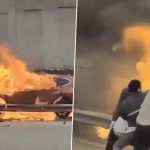 US: Driver Stuck in Burning Car After Crash Pulled Out Alive by Good Samaritans in Minnesota, Video of Timely Rescue Goes Viral