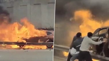 US: Driver Stuck in Burning Car After Crash Pulled Out Alive by Good Samaritans in Minnesota, Video of Timely Rescue Goes Viral