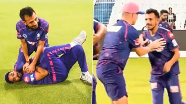 Yuzvendra Chahal Plays Around With Dishant Yagnik and Trevor Penney During Training Session Ahead of KKR vs RR IPL 2024 Clash (Watch Video)