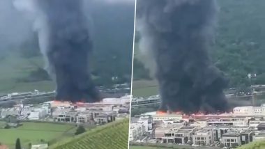 Bolzano Fire: Heavy Smoke Engulfs Sky as Blaze Erupts in Alpitronic Factory in Italy's South Tyrol Province, Airspace Closed in the Region (Watch Video)