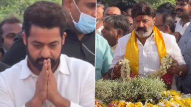 NTR 101st Birth Anniversary: Jr NTR and Nandamuri Balakrishna Pay Tributes to Late Cinema Icon and Politician at NTR Ghat (Watch Videos)