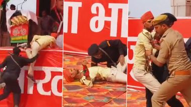 Akhilesh Yadav Security Breach: Security Commando Intercepts Man Attempting to Reach SP Chief on Stage During Election Rally in UP's Ballia; Video Goes Viral