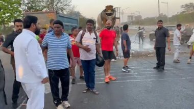 Eknath Shinde Stops Convoy on Seeing Tanker Accident at Eastern Express Highway in Mumbai, Directs Authorities to Prevent Vehicle Skidding Due to Oil Spill (Watch Video)