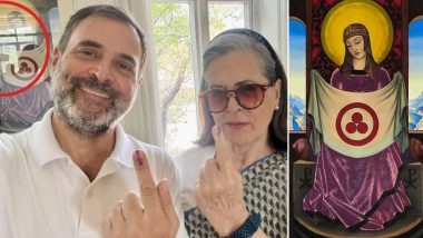 Photo of Jesus Seen Behind Rahul and Sonia Gandhi? Historic Painting 'Madonna Oriflamma' in Congress Leader's Room Falsely Called Pic of Jesus Christ, Know the Truth Here